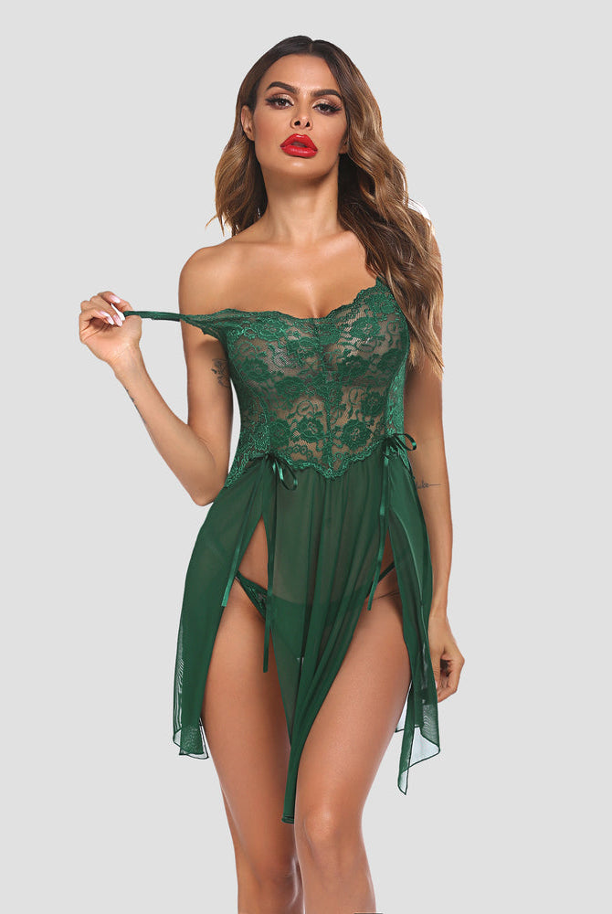 Green lace babydoll sleepwear for women with adjustable straps and side slit, sexy lingerie set.