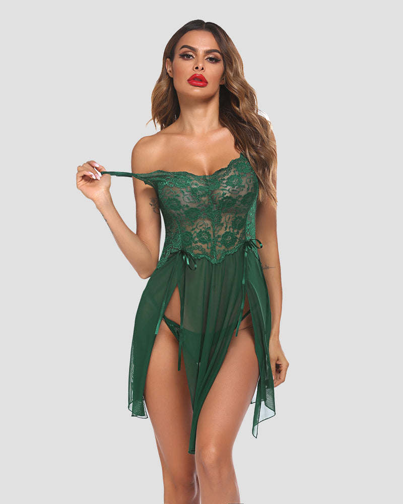 Green lace babydoll sleepwear for women with adjustable straps and side slit, sexy lingerie set.