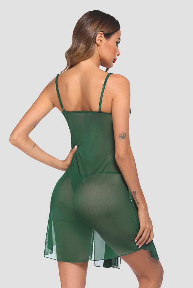 Green sheer babydoll sleepwear with adjustable straps and side slit, sexy lingerie for women