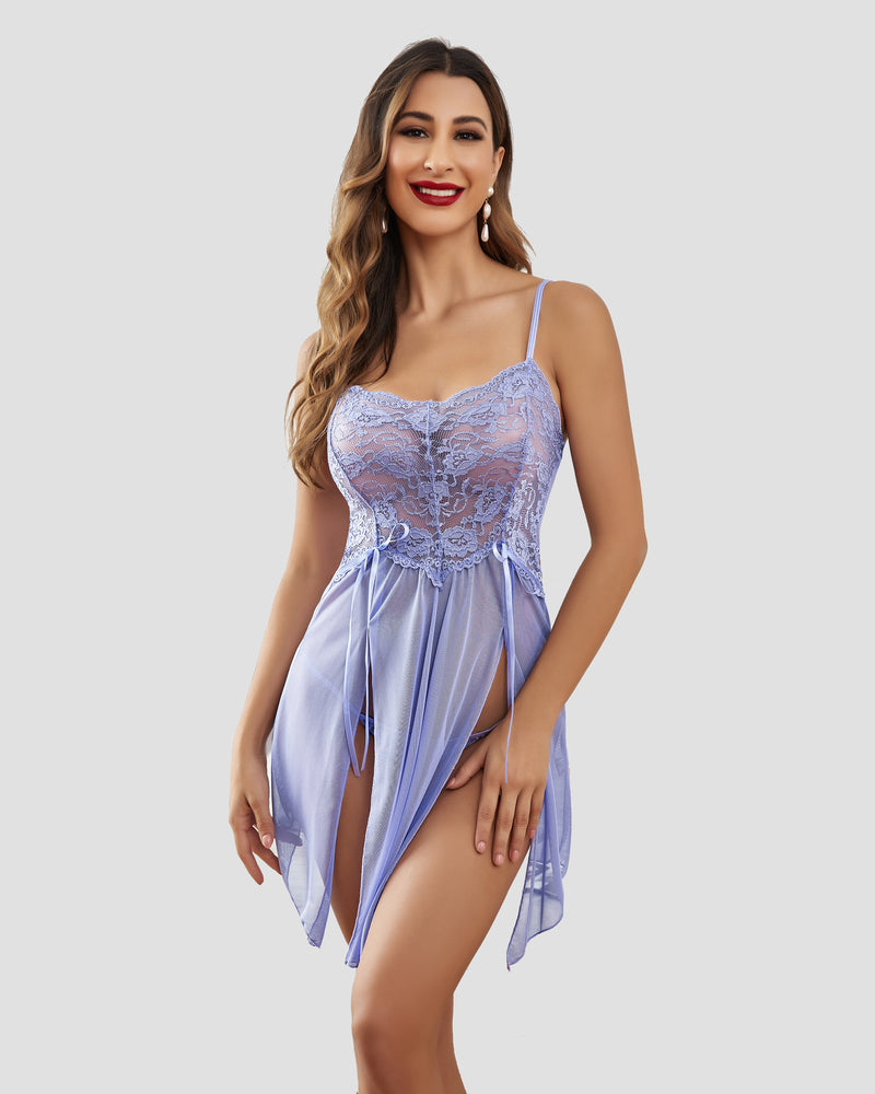 Light blue lace babydoll sleepwear with adjustable straps and side slit. Sexy lingerie for women.