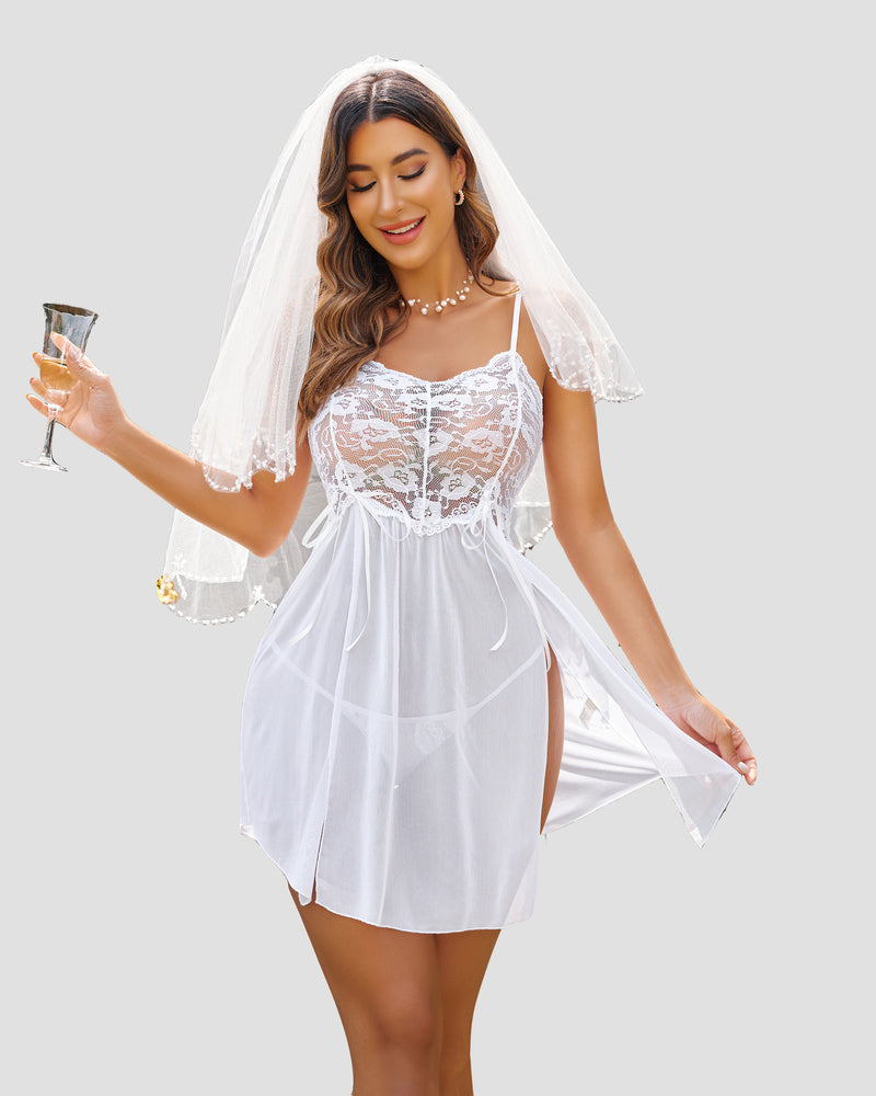 White lace bridal babydoll sleepwear with veil, side slit. Sexy lingerie for honeymoon.