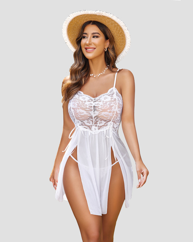 White lace babydoll sleepwear with side slits. Sexy lingerie for women.