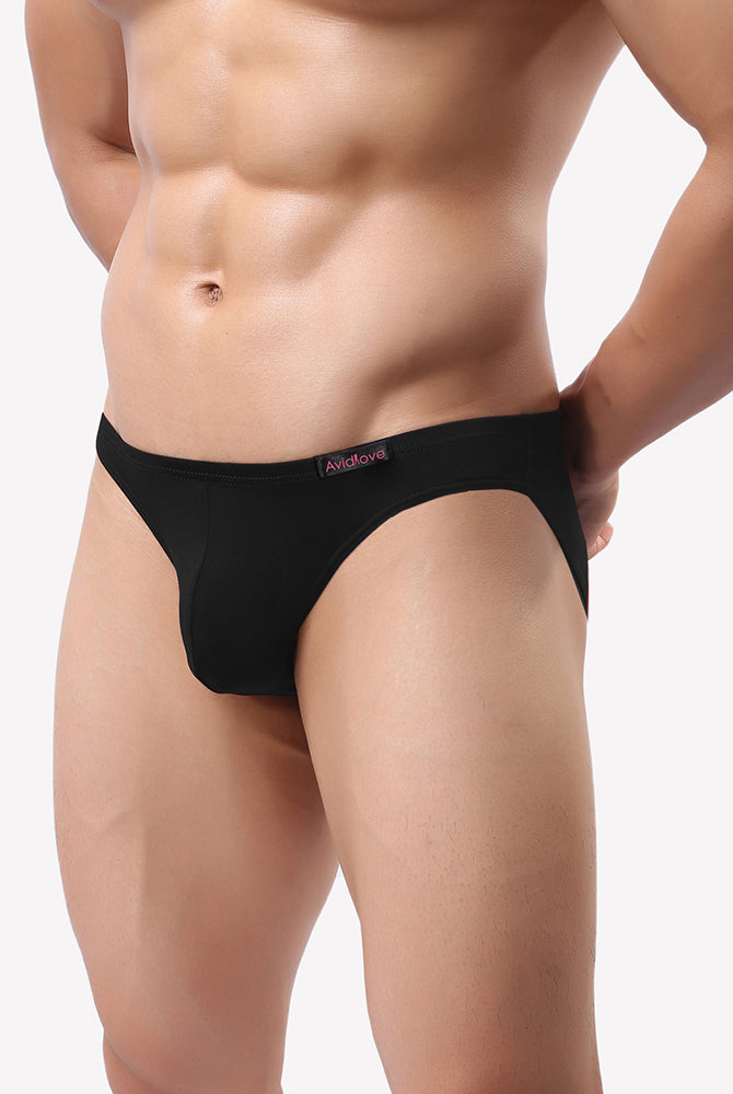 Men's low-rise hip brief, black microfiber underwear with wide waistband