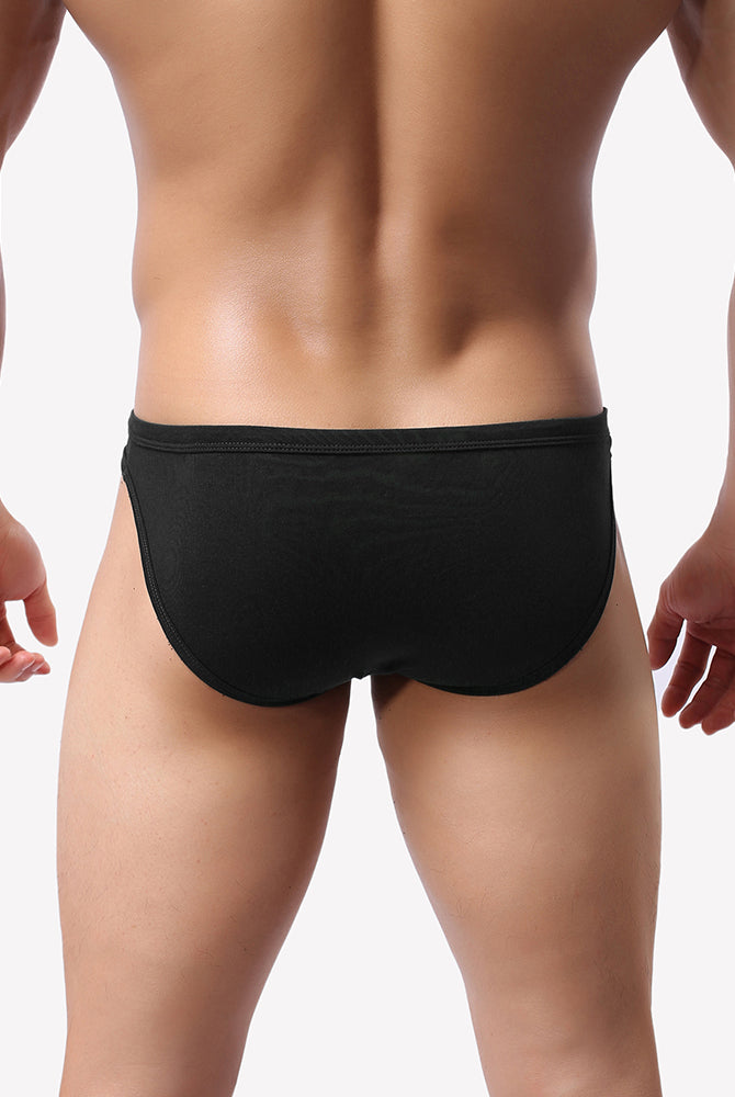Men's low-rise hip brief, black microfiber underwear on model