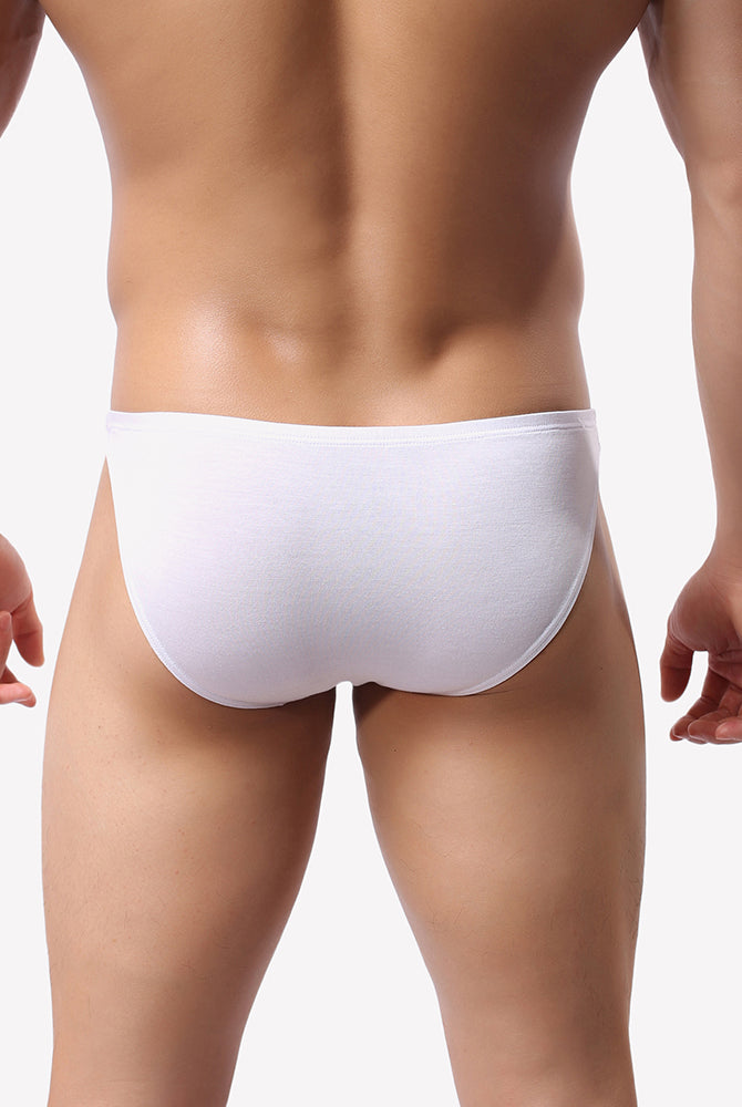 White low-rise microfiber hip briefs worn by model, front view