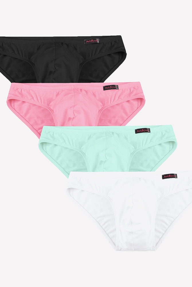 Men's low-rise hip briefs multipack: black, pink, mint, and white microfiber