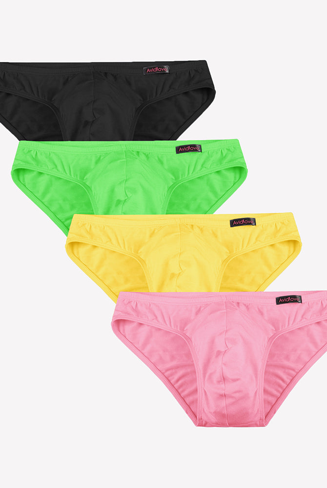 Men's low-rise hip briefs set with black, green, yellow, and pink briefs