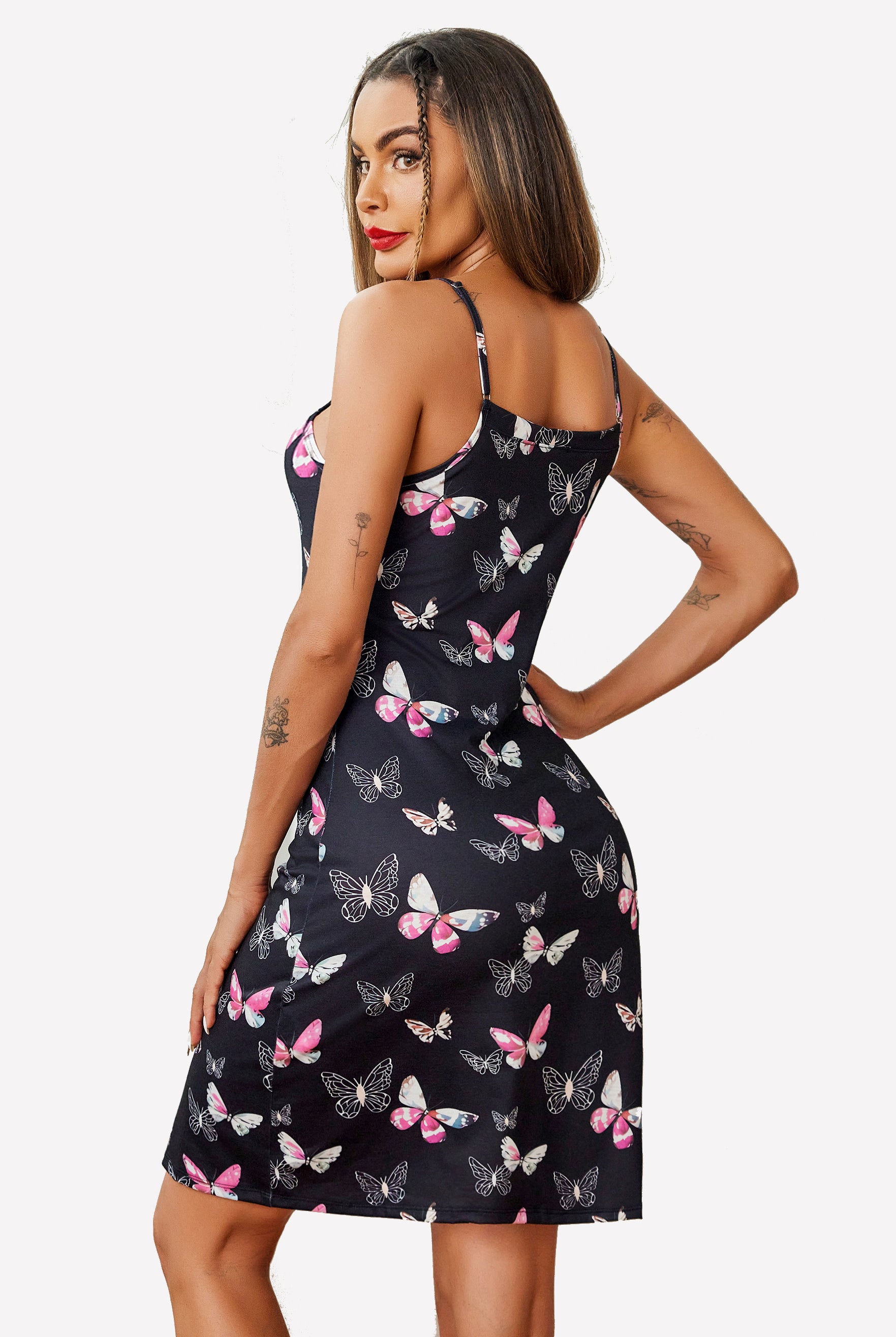 Black butterfly print chemise dress for women with adjustable straps and above knee length