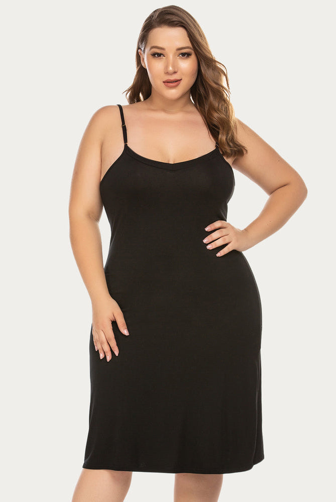 Plus Size Black Chemise Nightgown, featuring adjustable straps, flattering fit and above knee length