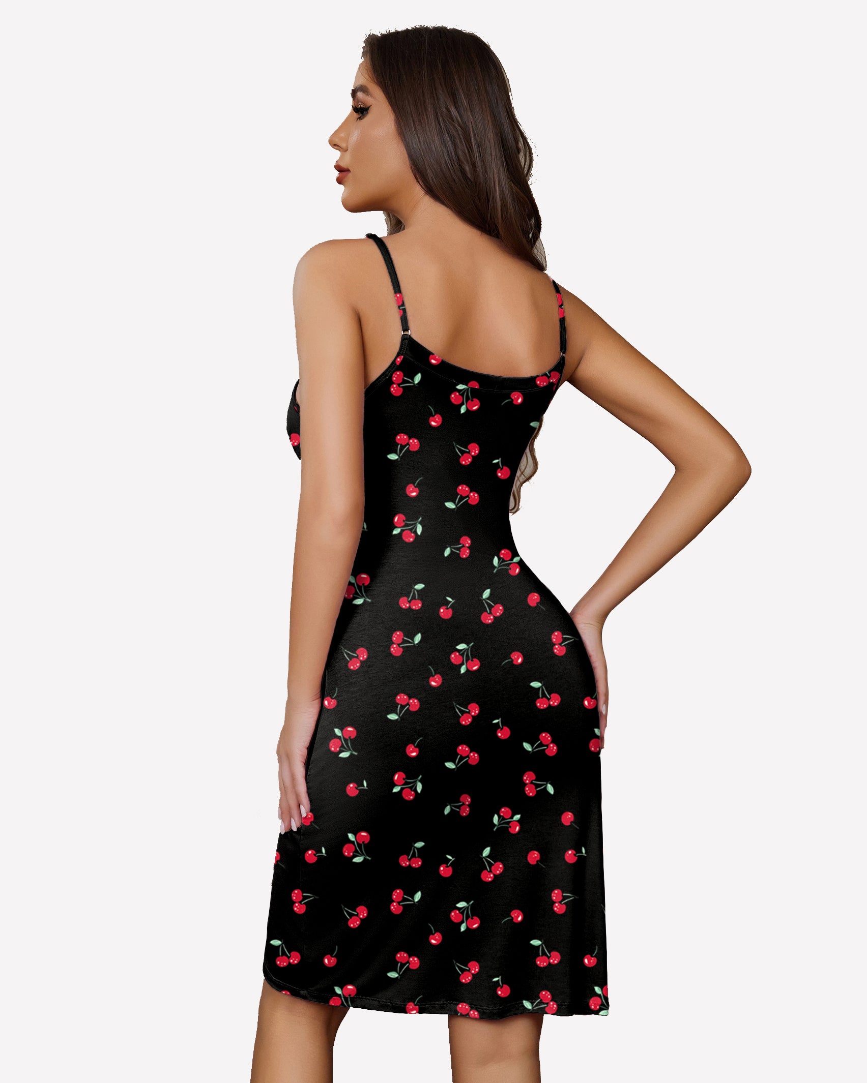 Plus Size black chemise nightgown with cherry pattern, spaghetti straps, above knee length.