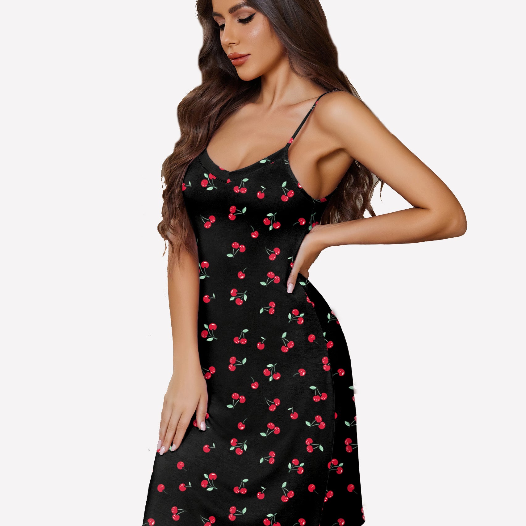 Plus Size Black Chemise Nightgown with Cherry Print - Above Knee Length