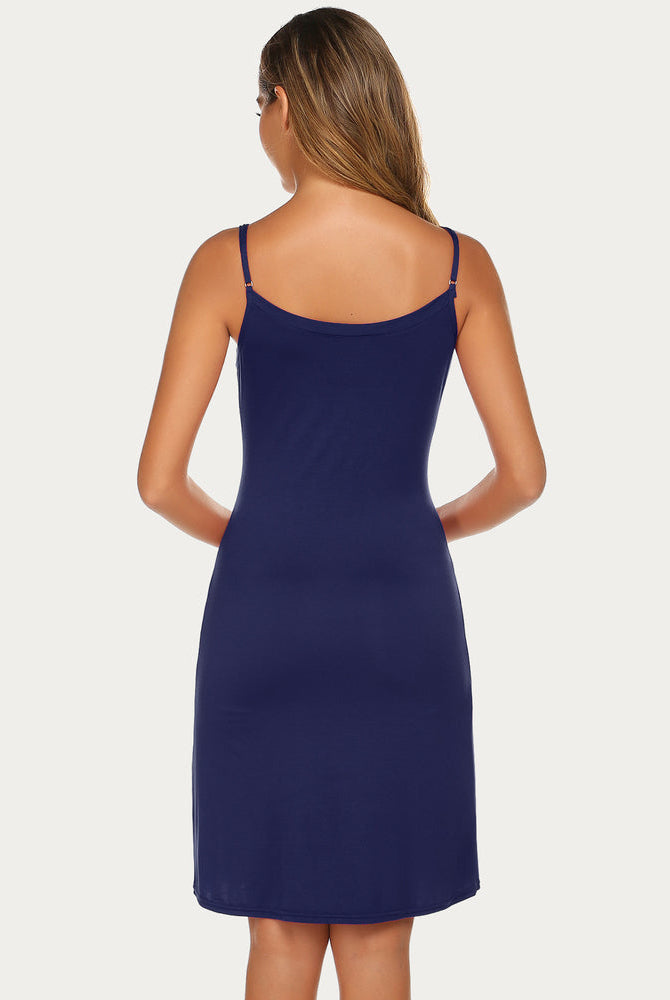 Navy blue spaghetti strap slip dress, above knee. Comfortable Avidlove lingerie.