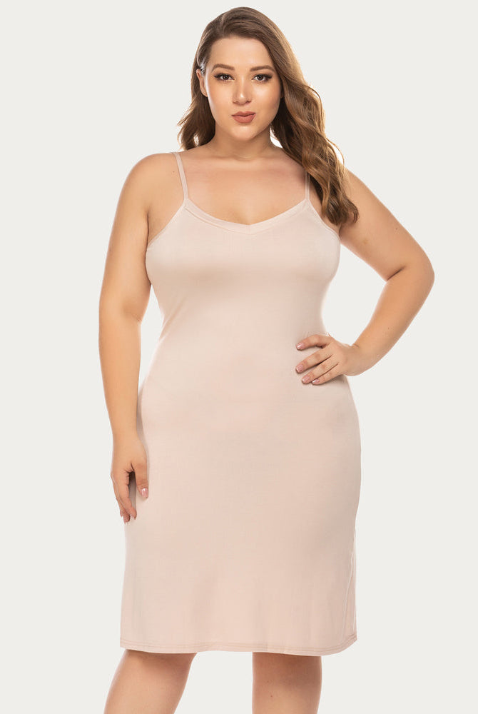 Avidlove nude slip dress. V-neck, spaghetti straps, above knee length. Comfortable lingerie.