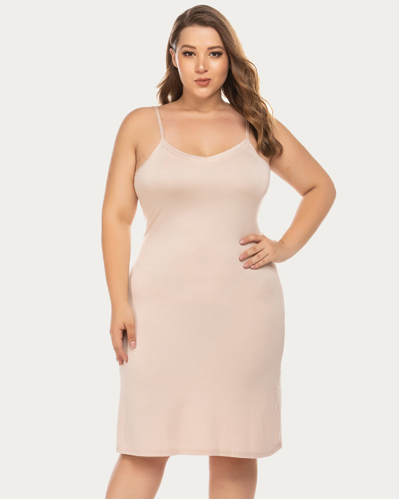 Plus Size beige chemise nightgown featuring spaghetti straps and above knee length.