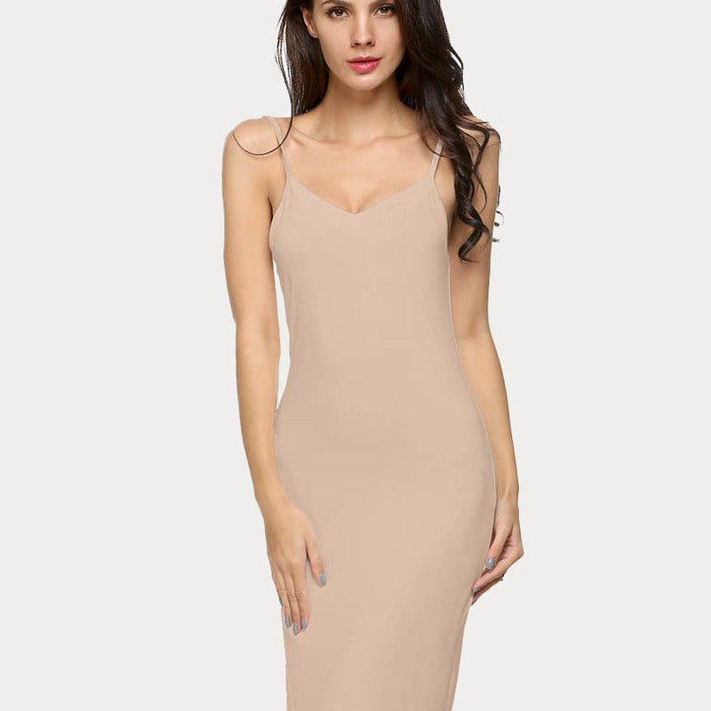 Beige slip dress with V-neck and spaghetti straps by Avidlove. Comfortable, sexy lingerie.