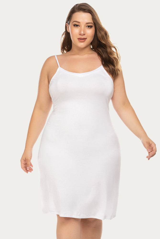 White Avidlove slip dress, spaghetti straps and V-neck. Above knee lingerie.