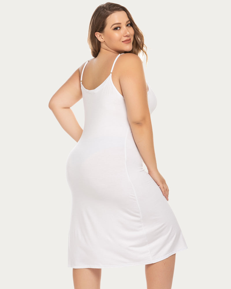 White plus size chemise nightgown, adjustable straps, above knee length, flattering fit