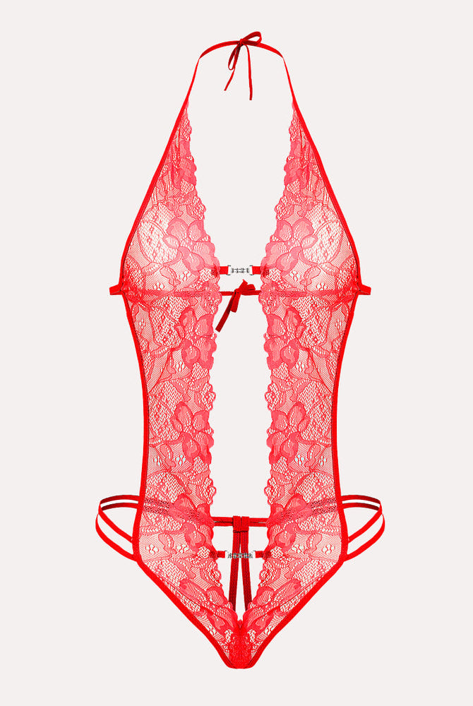 Red lace bodysuit with deep V-neck, backless design, and floral lace. Sexy lingerie for women.