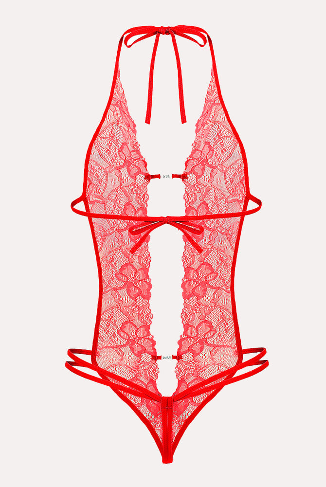 Red lace halter bodysuit. Floral lace teddy lingerie with deep V-neck and backless design.