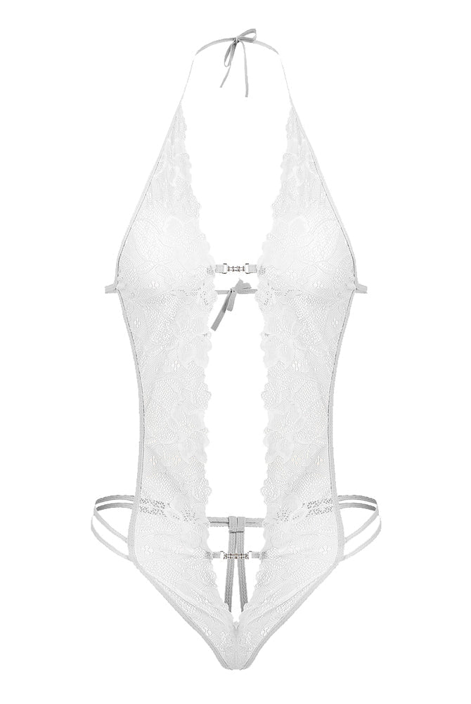 White lace bodysuit with deep V-neckline and backless design. Sexy floral lace lingerie for women.