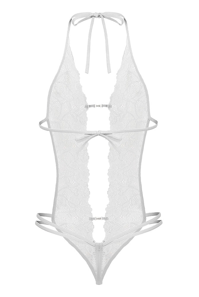 White lace teddy bodysuit with deep V-neckline, backless design, and floral lace details.