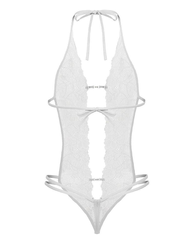 White lace teddy bodysuit with deep V-neckline, backless design, and floral lace details.
