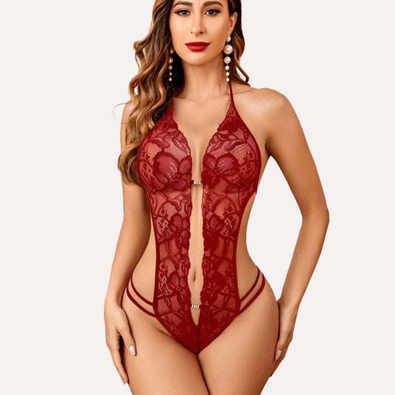 Red lace bodysuit lingerie with deep V-neck and backless design, floral lace teddy for women
