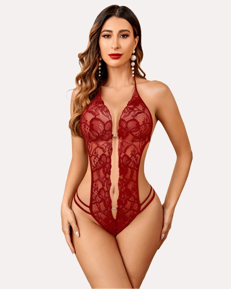 Burgundy lace backless bodysuit with halter neck and floral details. Sexy lingerie for women.