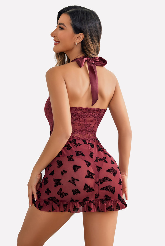 Burgundy open-front halter nighty with butterfly print, lace and bow details. Sexy lingerie.