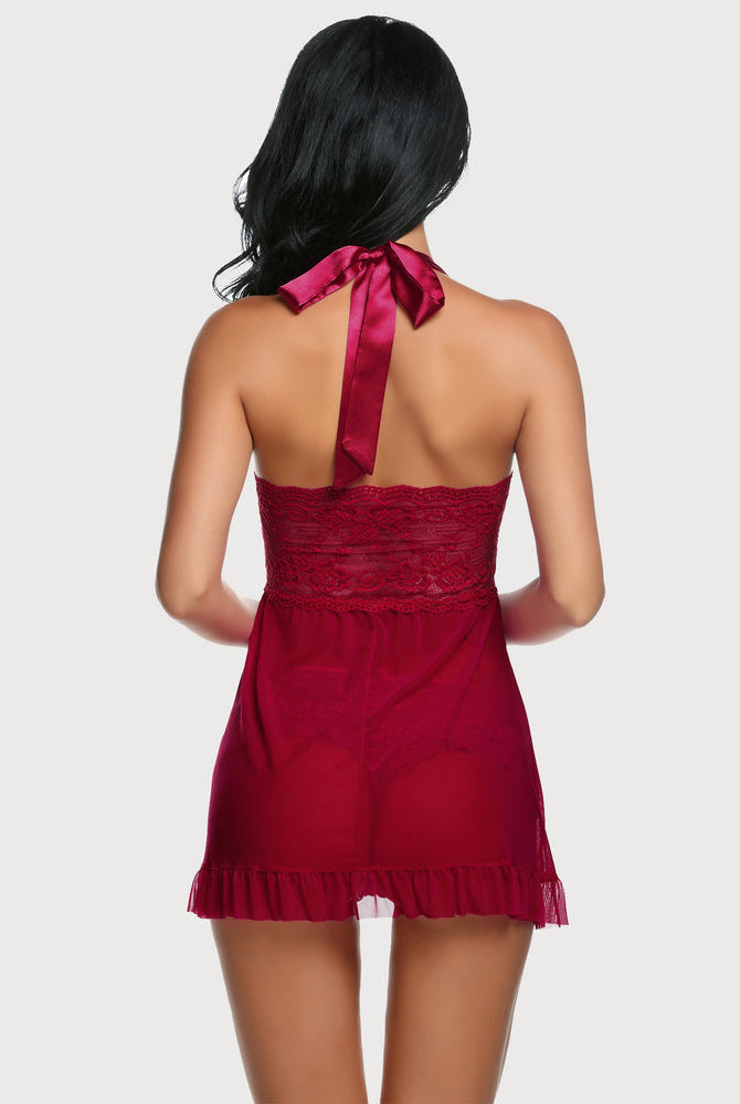 Red lace open-front halter nighty, back view with ribbon tie and ruffled hem