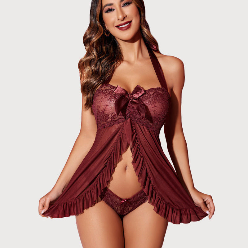 Burgundy lace babydoll halter nighty with fly-away front, satin bow, and matching lace tanga panty