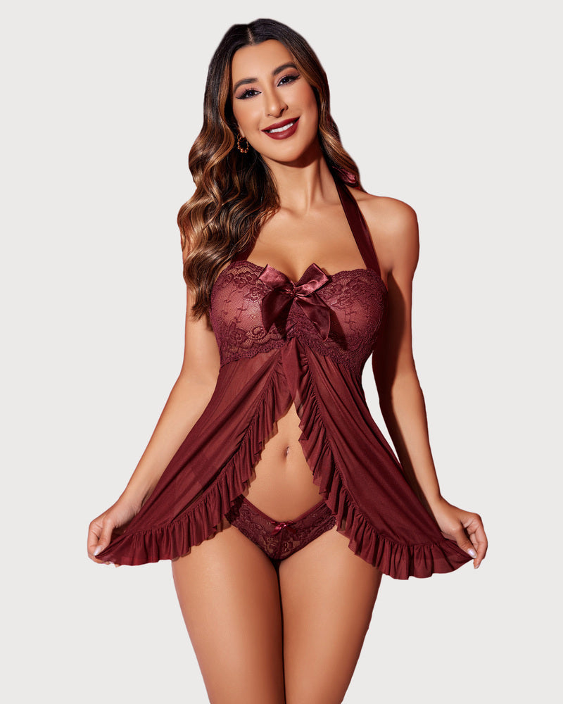Burgundy floral lace open front babydoll lingerie set with halter tie and satin bow.