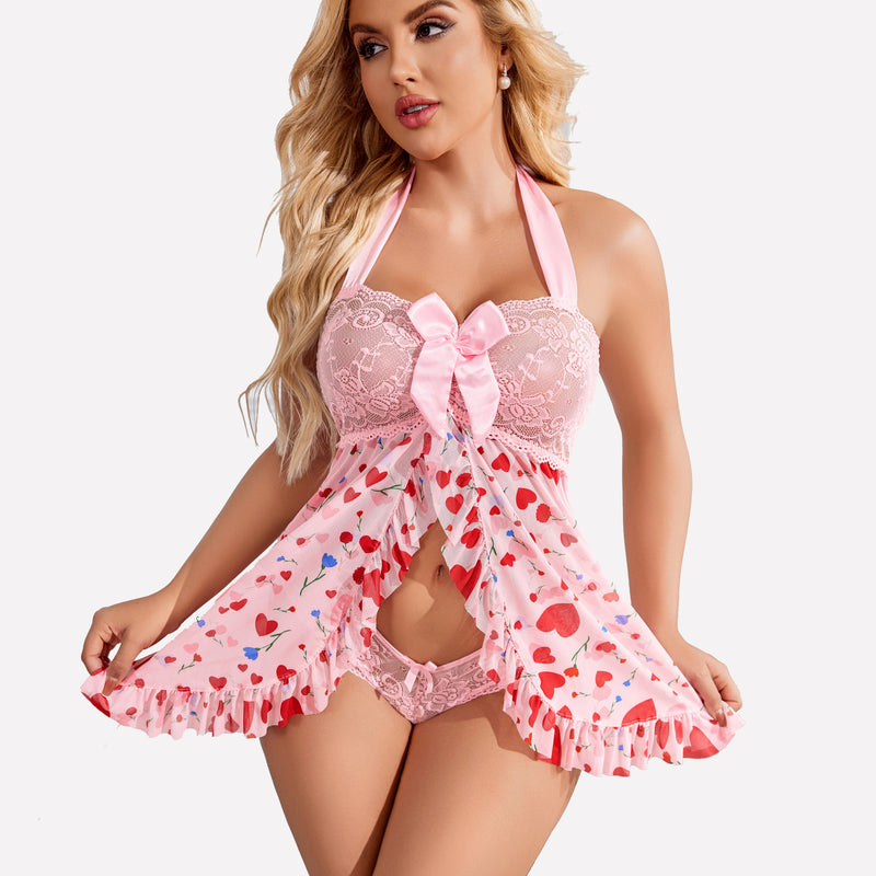 Pink open-front halter nighty with heart pattern, lace and satin bow details