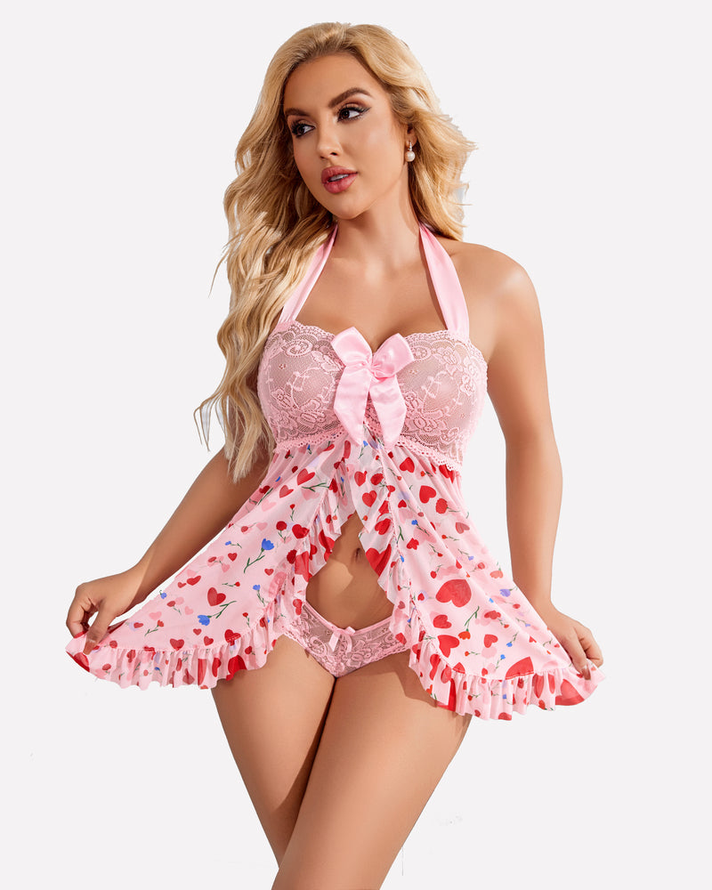 Pink open-front halter nighty with heart pattern, lace and satin bow details