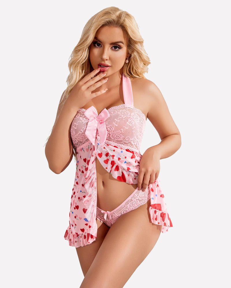 Pink heart print open-front halter nighty with lace details, satin bow; Valentine's Day lingerie