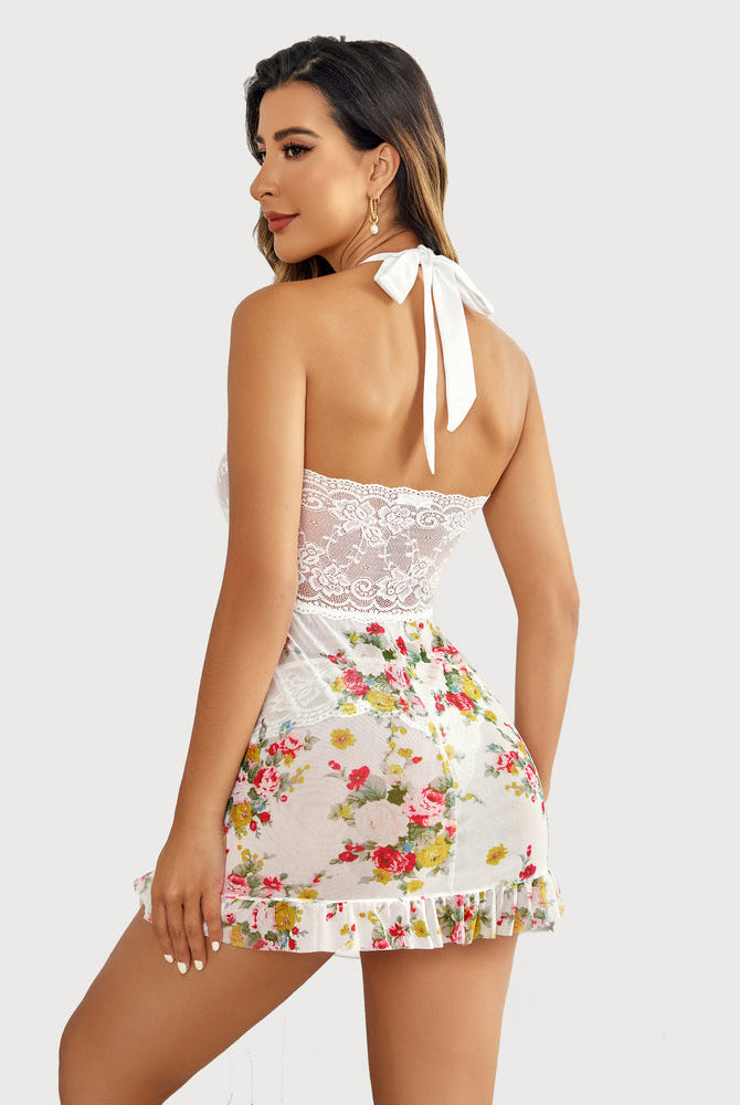 Back view of floral lace halter open-front nighty with ribbon bow and ruffles.
