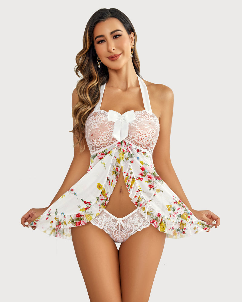 Floral print babydoll lingerie set with halter tie and bow. Lace and mesh babydoll set in white.