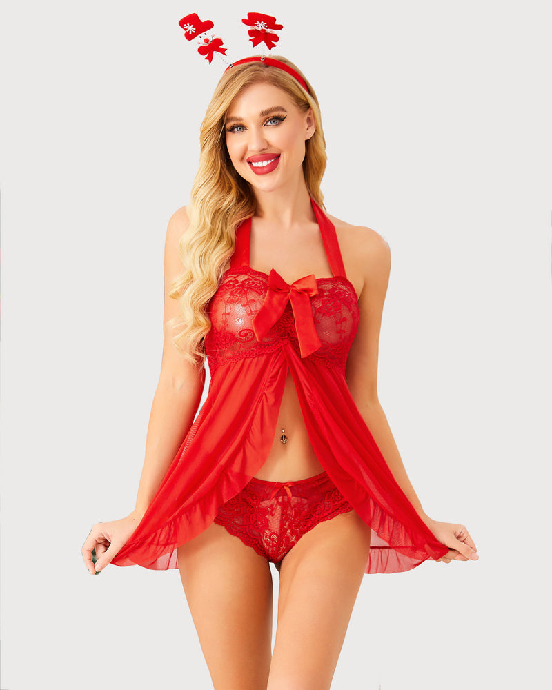 Red lace babydoll nighty with bow and tanga panty. Holiday lingerie set for women.
