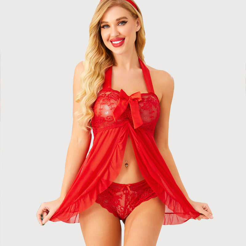 Red lace Christmas babydoll lingerie set with halter tie and bow. Flirty open front for women.