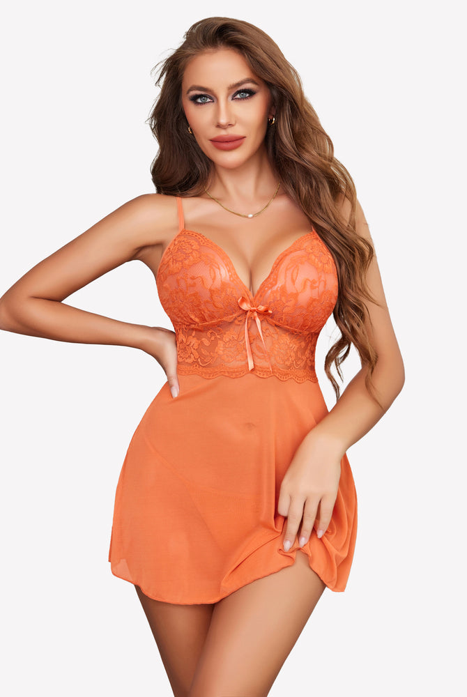 Orange lace halter V neck babydoll lingerie set, adjustable straps, sheer mesh, and floral details