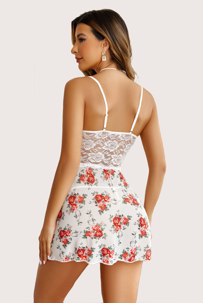 White lace halter babydoll with red floral skirt. Sexy and comfortable lingerie design.