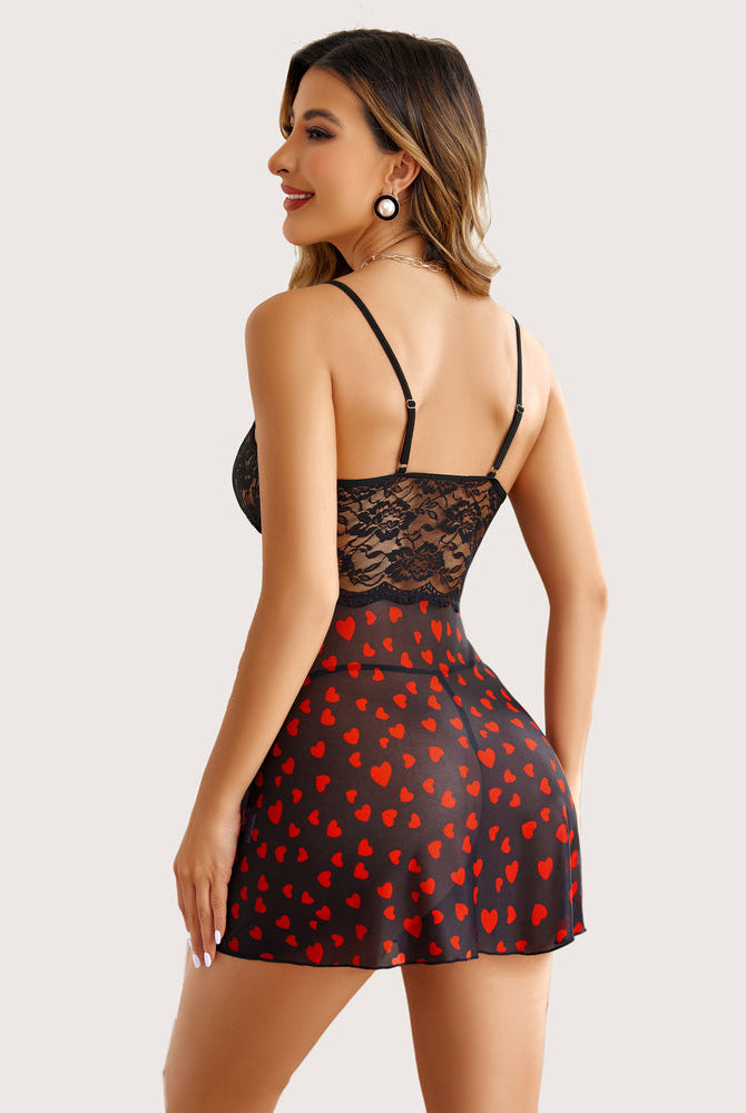 Black lace babydoll lingerie with red heart print skirt, adjustable straps, sexy Avidlove sleepwear