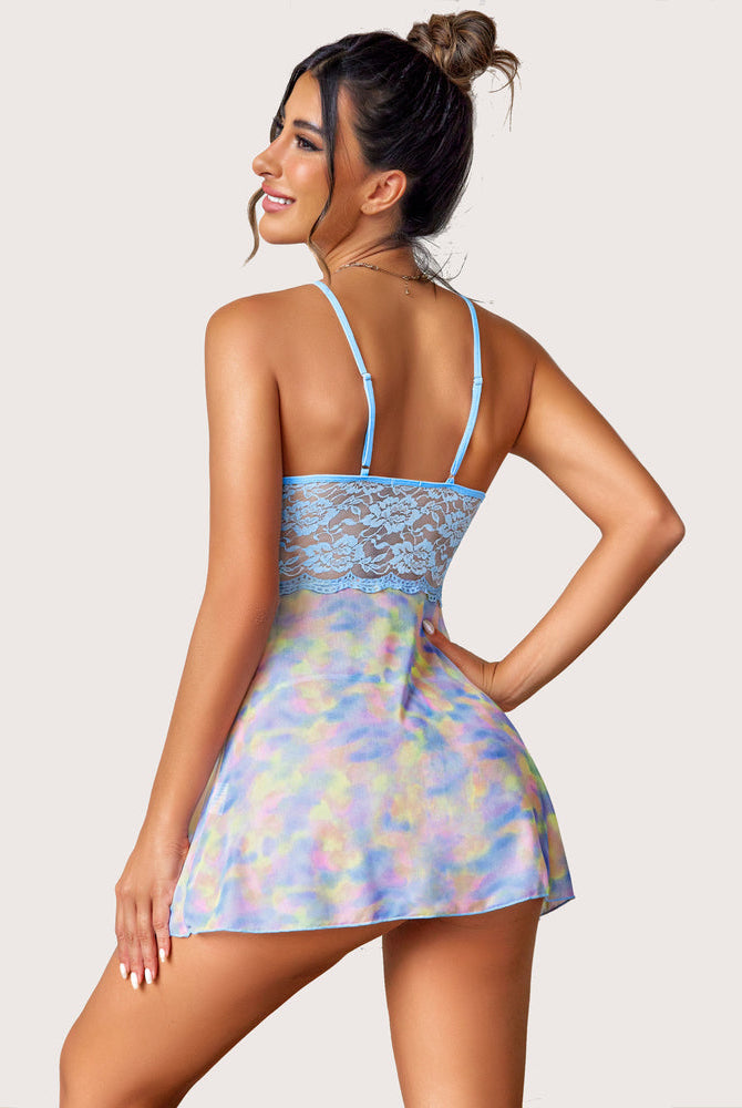 Lace babydoll lingerie with light blue lace and pastel floral print, showcasing the back view