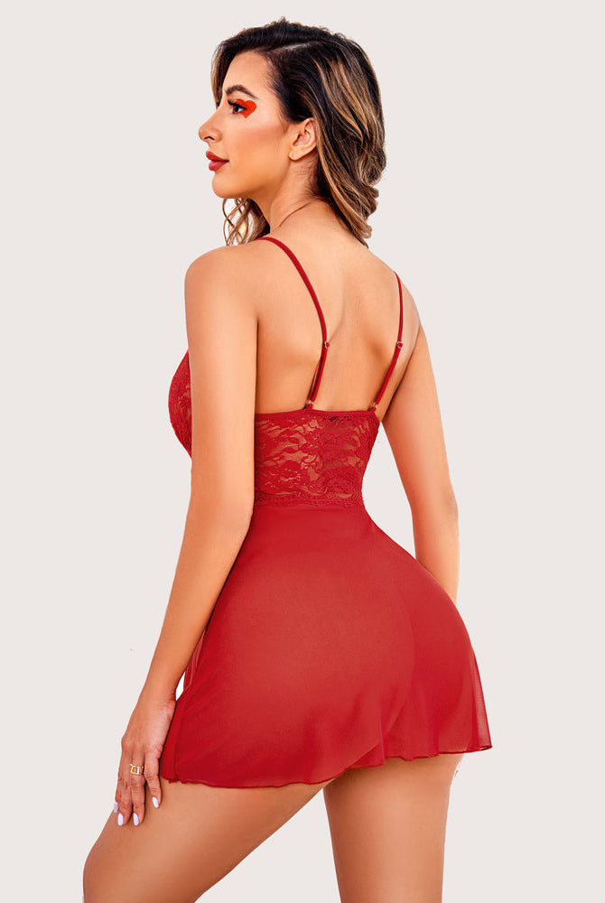 Red lace halter babydoll lingerie, sheer mesh skirt, Avidlove design. Comfortable, sexy nightwear.