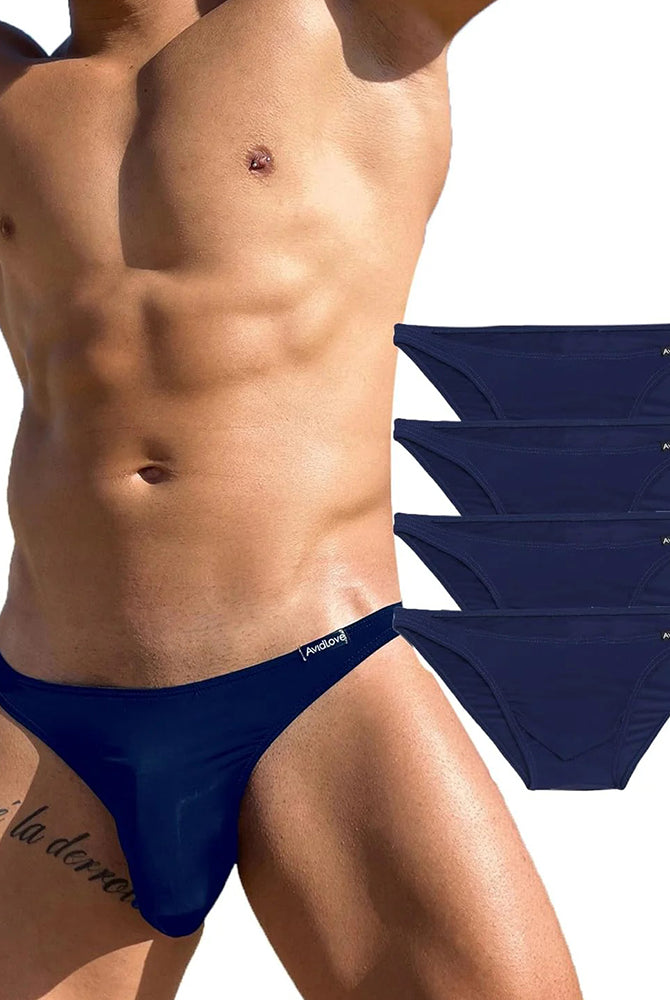 Men's low-rise briefs in dark blue on model, with 3 matching pairs shown
