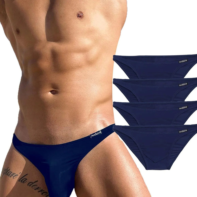 Men's low-rise briefs in dark blue on model, with 3 matching pairs shown