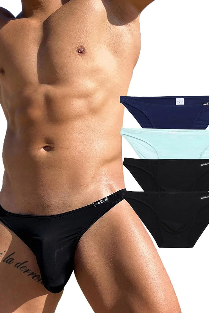 Men's low-rise briefs on model in black and light blue, with 2 pairs shown