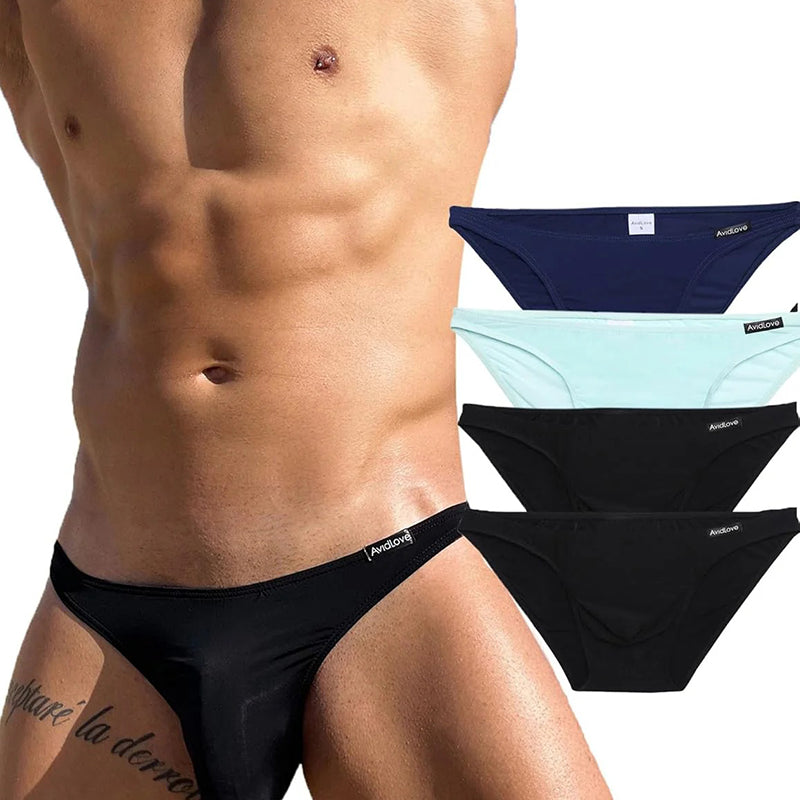Men's low-rise briefs on model in black and light blue, with 2 pairs shown