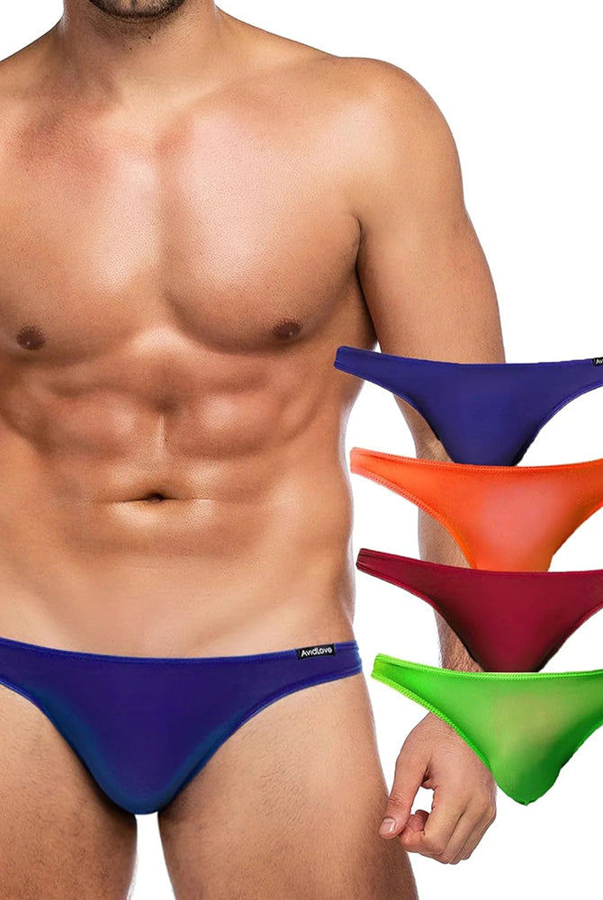 Men's low-rise briefs on model with blue and purple; orange pair shown