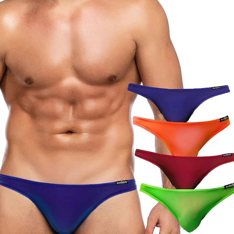 Men's low-rise briefs on model with blue and purple; orange pair shown